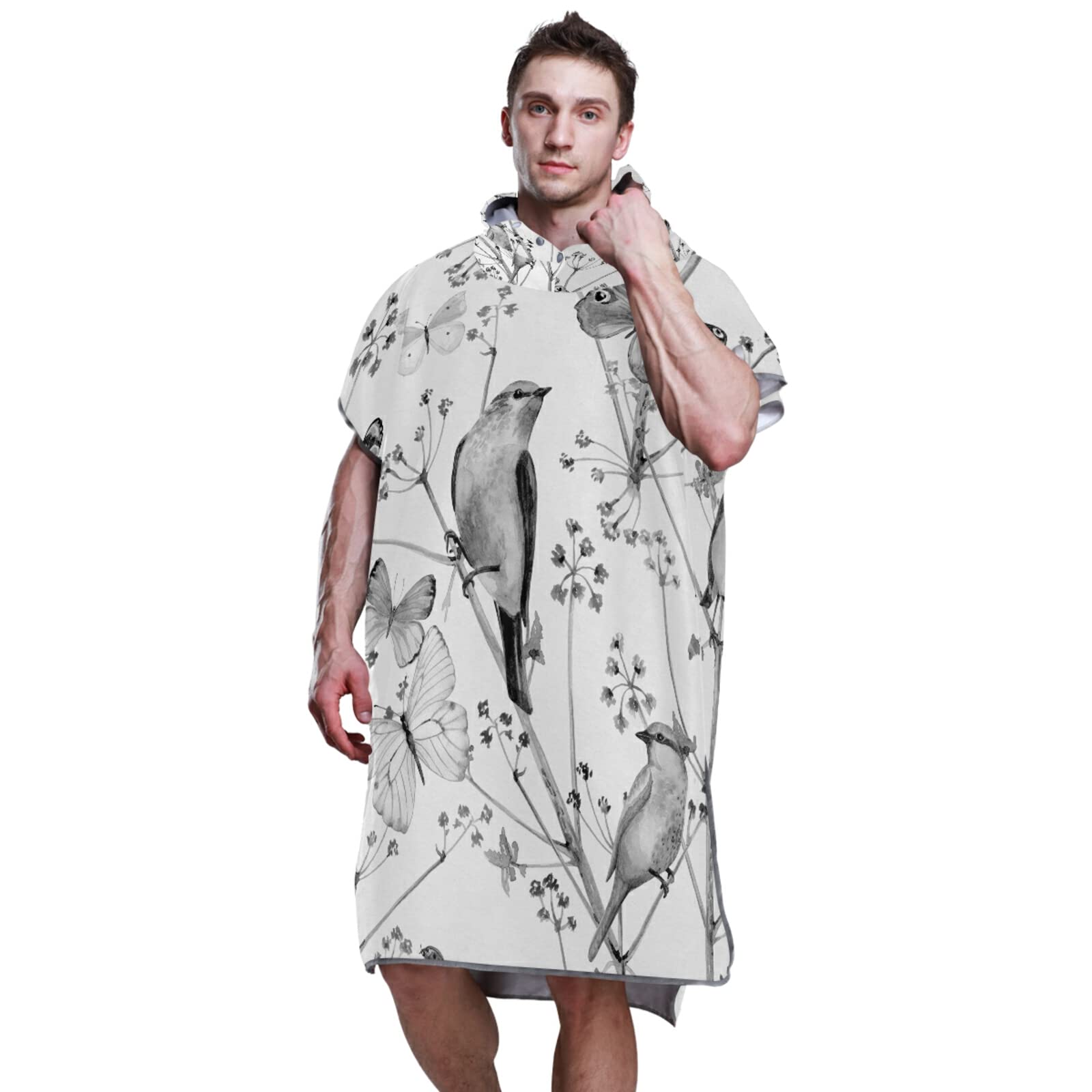 Vintage-Surf-Poncho, nahtlos, mit Vögeln, Blumen und Schmetterlingen für Erwachsene, mit Kapuze und Tasche, schnell trocknender Bademantel, Mikrofaser-Handtuch für Badezimmer, Strand im Freien