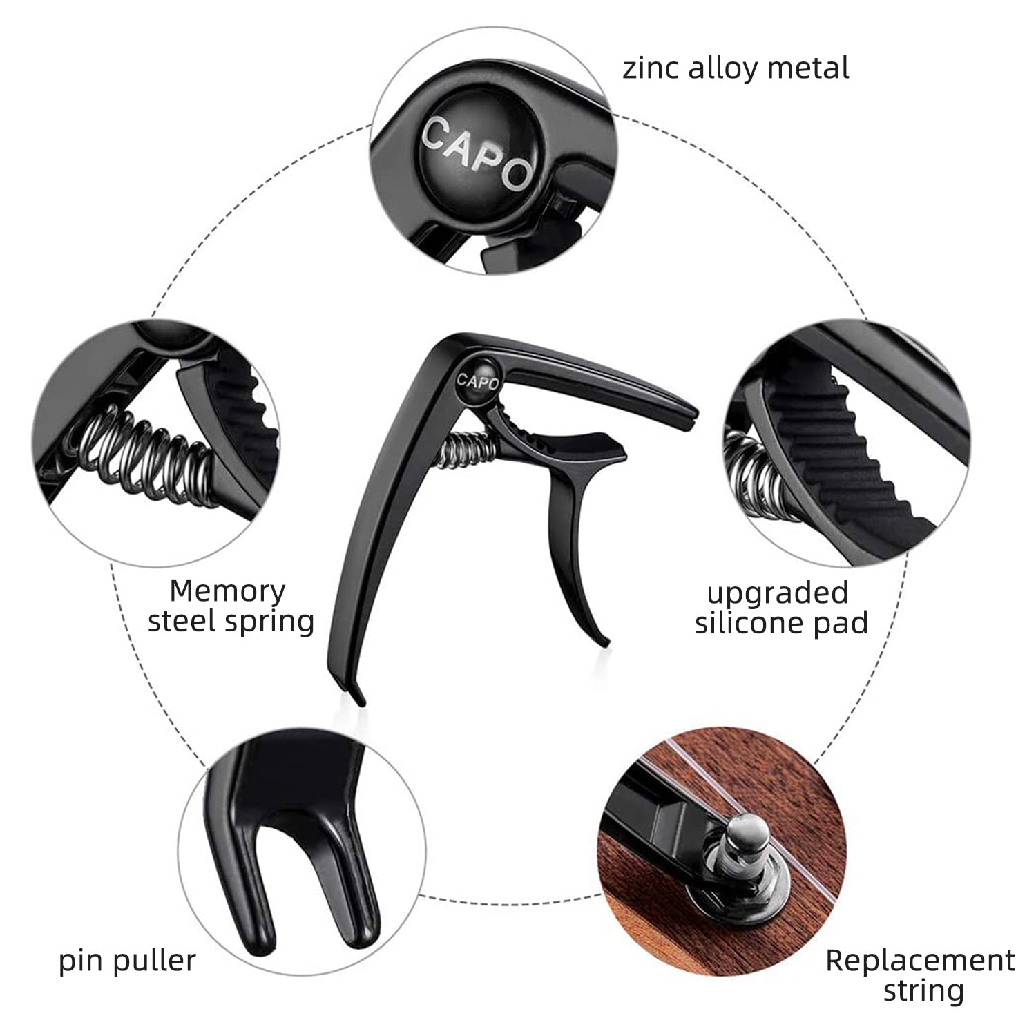 GEEWHY Guitar Capo for Acoustic Guitar, Capo for Guitar, Guitar Picks, Electric Guitar, Ukulele Capo, Instrument Accessories Tuner, with 6 Guitar Picks, Black