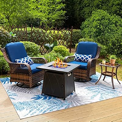 PHI VILLA 4-Piece Outdoor Swivel Rocker Chairs Set with Fire Pit Table, Rattan Patio Furniture Set Supports 350lbs, with 2 Rocking & Swivel Chairs, 1 Coffee Table, and 1 Fire Pit Table