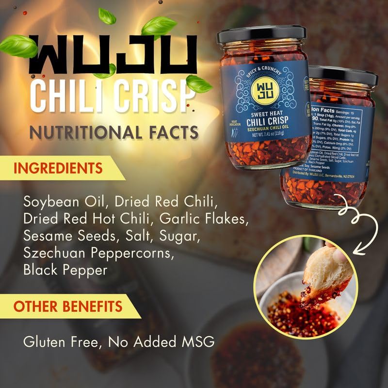 Miniatura 7 de WUJU Sweet Chili Crisp  Pimientos picantes crujientes, chiles, patatas fritas de ajo, semillas de sésamo en aceite de chile de Szechuan, para