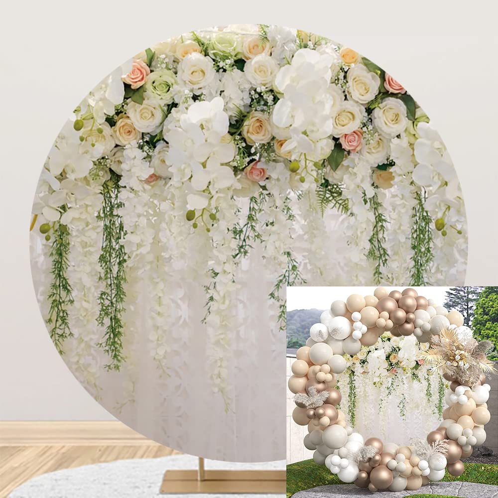 Leyiyi 6.5x6.5ft Wedding Round Backdrop Cover Bridal Shower Wedding Floral Wall Backdrop White and Green Wisteria Rose Flowers Photography Background