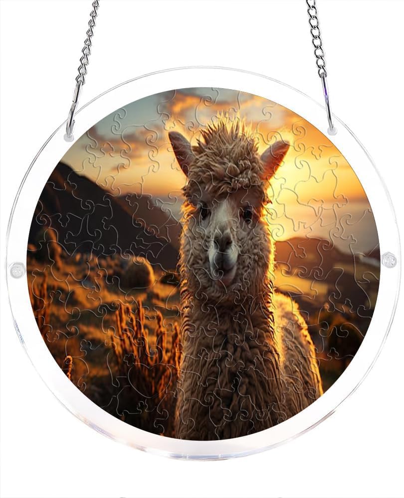 Alpaca in Sunset Landscape Animal Acrylic Jigsaw Puzzles Suncatcher, 8.9 Inch Window Hanging Suncatcher Acrylic Puzzle, DIY Home Decor Art Gift