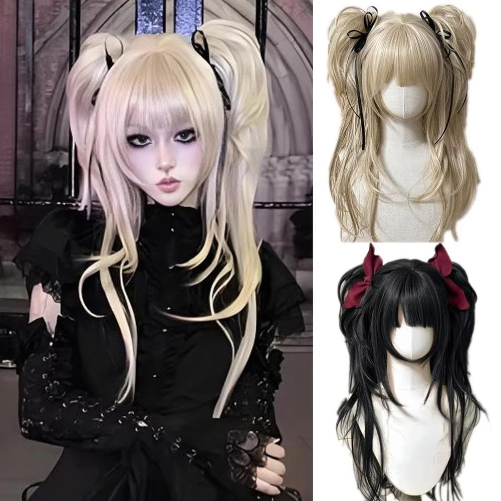 Haarpflege Mädchen Blonde Lange Lockige Wellige Haarperücke Mit Pony Doppelpferdeschwanz Für Cosplay Party Alltagskleidung(Black)