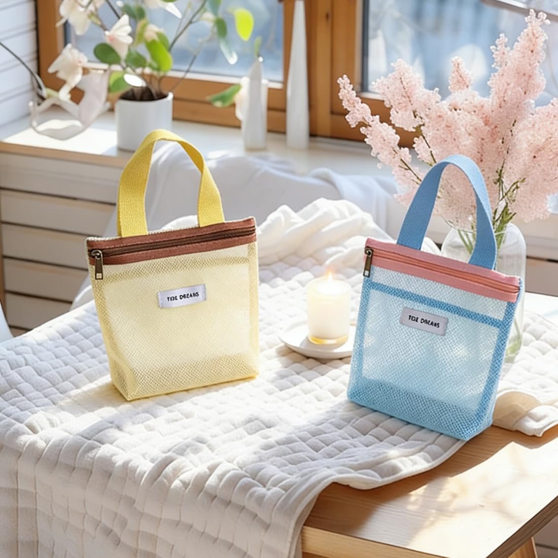2PCS Borsa Portaoggetti da Doccia Portatile in Rete con Cerniera e Tasche, ad Asciugatura Rapida, Pieghevole, Impermeabile, Multifunzione, Organizer da Bagno da Appendere per Campeggio, Spiaggia