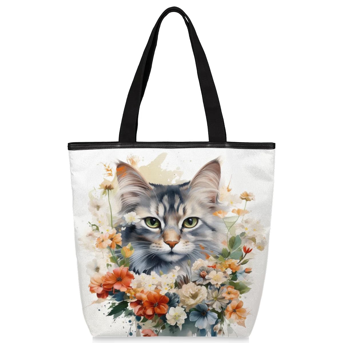 Mularoka Watercolour Cat Wreath Canvas Tote Bag with Zipper and Pockets Canvas Tote Shopping Bag Women Reusable Grocery Bag for Beach Travel Gym Shopping