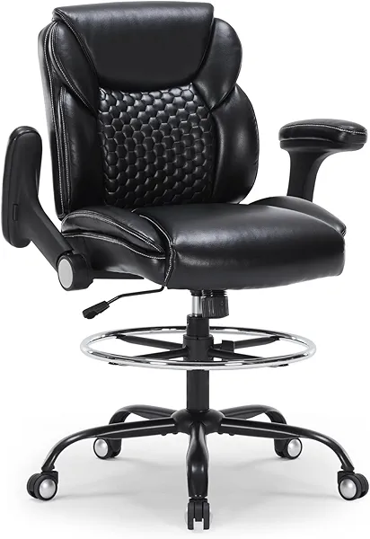 Drafting Chair, Ergonomic Tall Office Chair with Soft Adjustable Armrests and Foot Ring, Standing Desk Chair PU Leather High Office Chair for Counter Height Desk, Swivel Computer Stool, Black