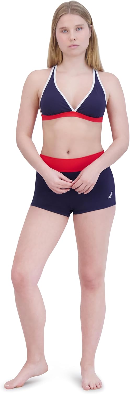 Nautica Women's Tummy Control Shorts & Boy-Leg Bikini Bottom – Swim, Workout, Yoga, Beachwear, Navy Red, Large