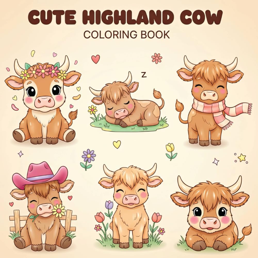 Cute Highland Cow: Coloring Book