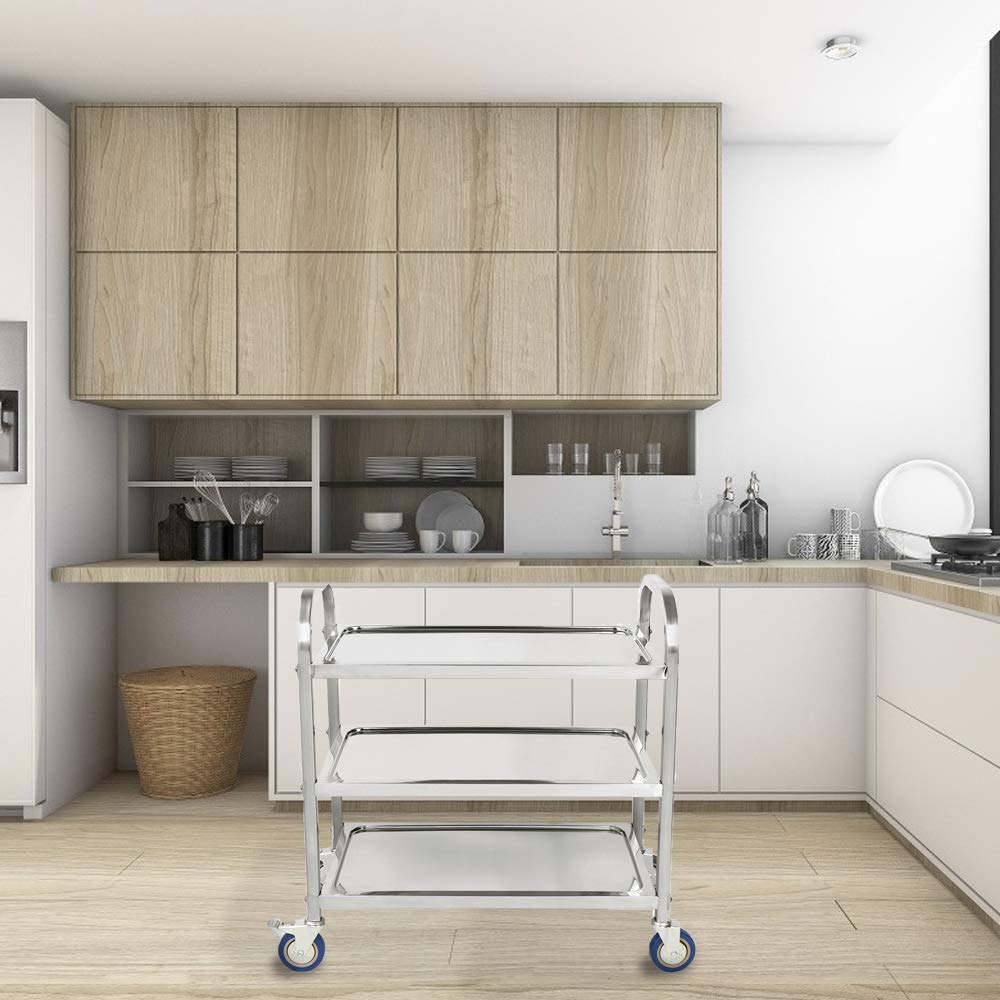 Carros de Servicio de 3 Niveles, Carro Grande de Acero Inoxidable con Rruedas Universales para Cocina/Hotel/Restaurantes/Hogar de Atención (Acero Inoxidable, 95x55x95cm)