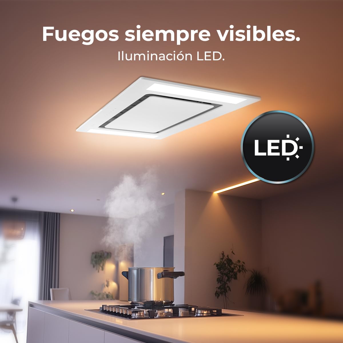 Cecotec Hotte Aspirante 90cm Plafond Intégrable Bolero Flux Tir 908000 Glass White A++. Finition Verre Blanc, Aspiration 800M3/H, Télécommande, Filtre Charbon, Booster