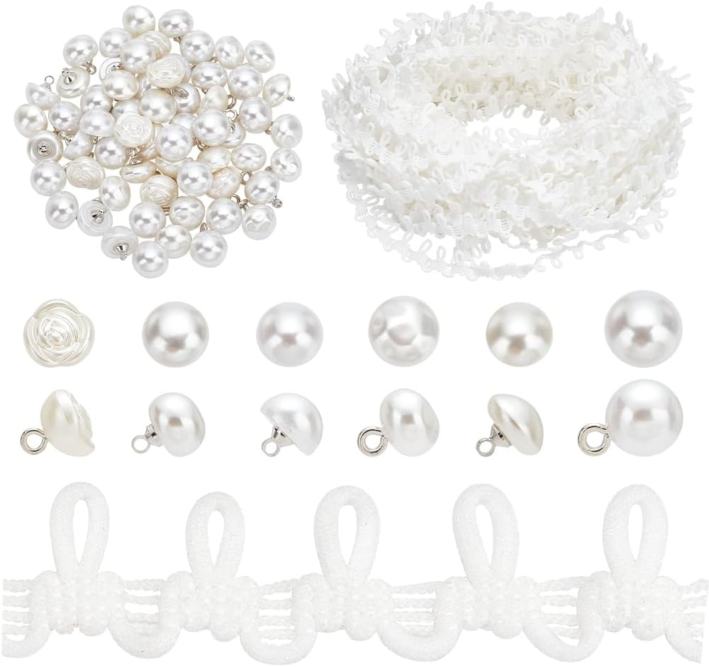 PH PandaHall 20 Yards White Wedding Dress Button Loops Petite Braid Trim Tassel Fringe Lace Trim with 60pcs Pearl Buttons Sewing Dress Zipper Extender for Costume Crafts Sewing Wedding Bridal Dress