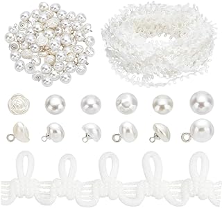 PH PandaHall 20 Yards White Wedding Dress Button Loops Petite Braid Trim Tassel Fringe Lace Trim with 60pcs Pearl Buttons Sewing Dress Zipper Extender for Costume Crafts Sewing Wedding Bridal Dress - Buy now