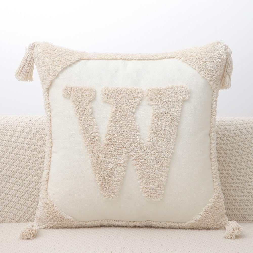 LIGUOGUO Monogram Pillow Covers with Tassels 18”x18” Modern Cotton Canvas Tufted Alphabet W Throw Pillow Covers for Sofa Couch Bed 26 English Letters