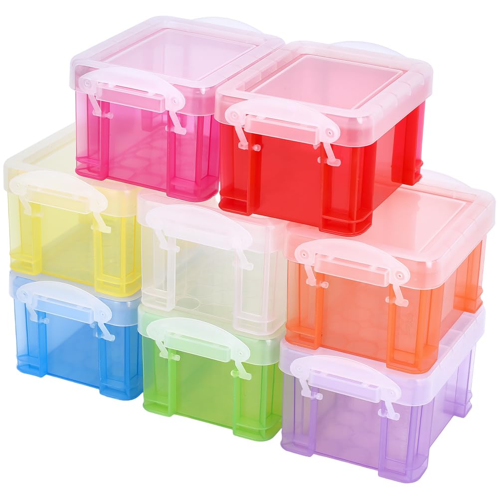 PONABEADIY 8 Colours 8 Pack Plastic Mini Storage Boxes with Hinged Lid 8.5x6.5x5cm Clear Latch Small Organizers Containers Box Stackable Organizer Container for Jewellery Making Items Art DIY Crafts