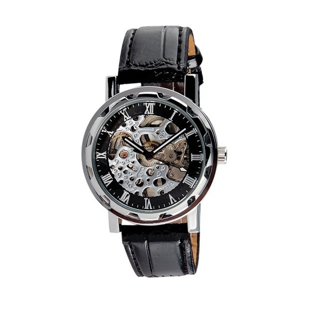 AbsoluteShop_WatchAutomatic Skeleton Black Leather Wrist Watch Silver