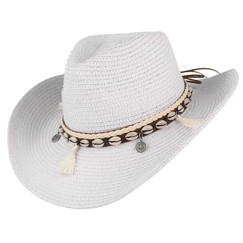 GEMVIE Sombreros de Paja para Mujer Sombrero de Sol Gorra de Playa con Cinta de Concha + UPF50 Ajustable y Empacable Mujer Sombrero de Verano Fedora Trilby