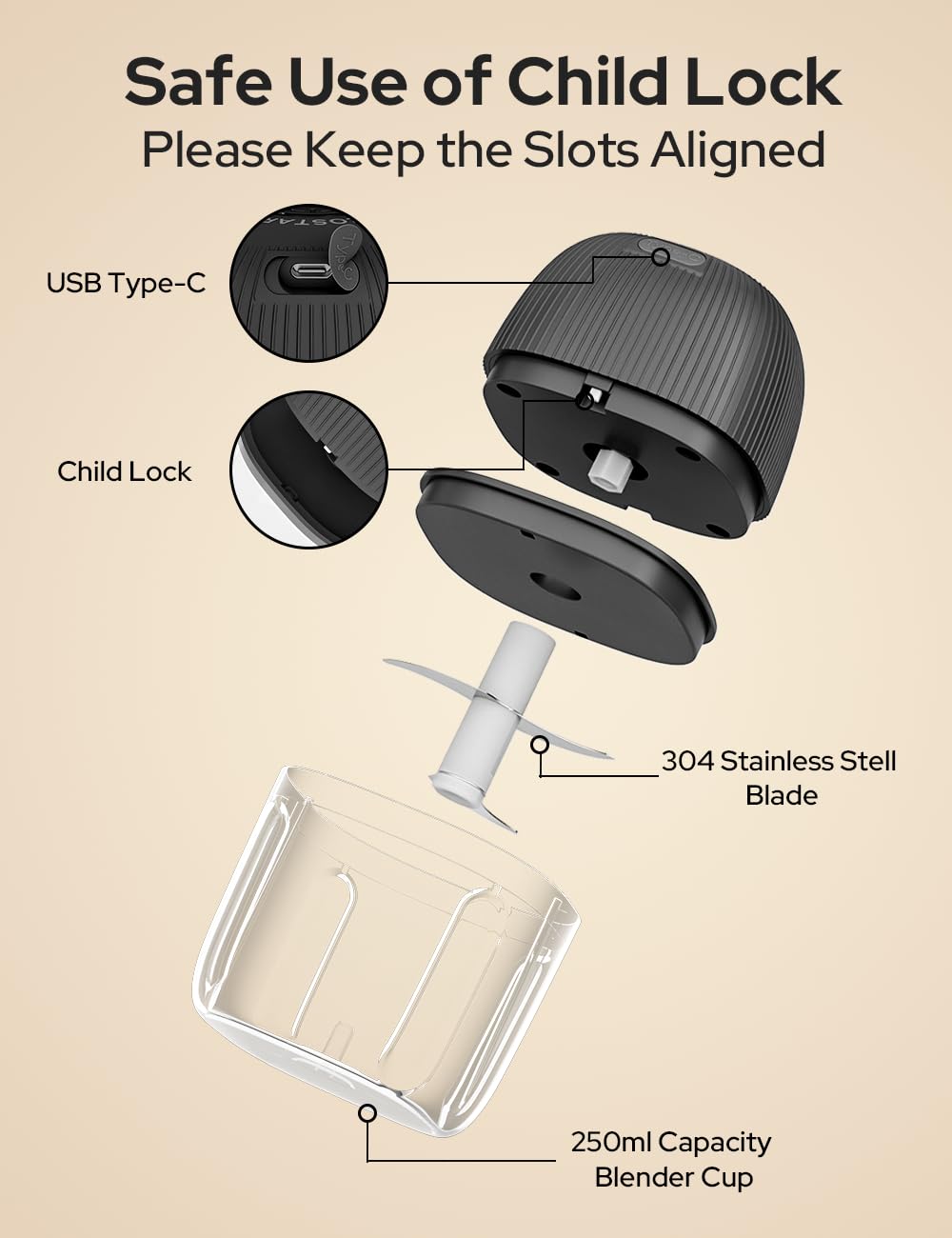 COSTAR 250ML Mini Electric Chopper- 304 Stainless Steel Blades Food Processor for Kitchen,One Touch Operation, Wireless Chopper, 1 Year Warranty, Ideal for Mincing Ginger, Onion (Black) 6 61SqaKFfkpL. SL1300