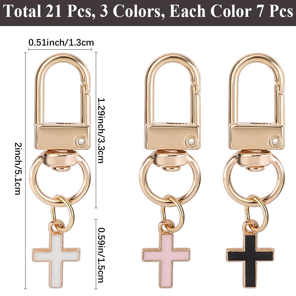 CRASPIRE 1 Box 21Pcs 3 Colors Metal Cross Keychain Crucifix Key Chain Bulk Metal Gold Alloy Enamel Black White Pink Charm Keyring Keychains with Swivel Clasps for Keys Purse Backpacks Accessories - Image 2