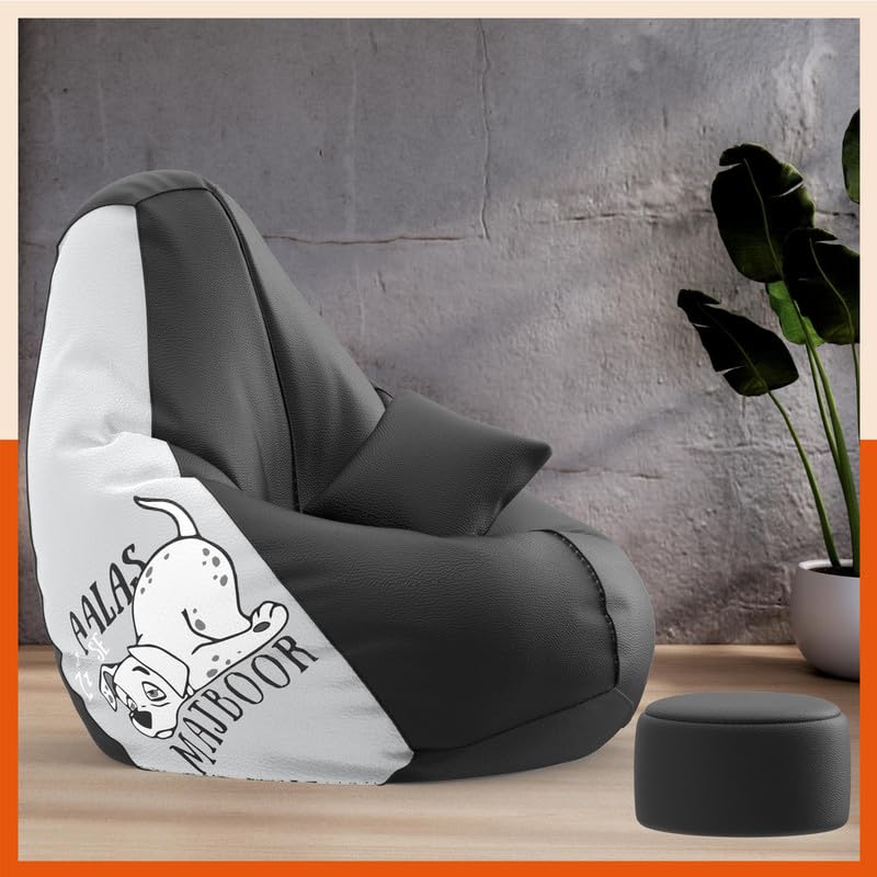 Image of Biggie Bean Bag with Beans Filled 4XL VibeBoost Premium Bean Bag with Free Cushion and Footrest - Official : Lazy Legends Combo (Matching Color : Regular, Aalas Se Majboor-Black)