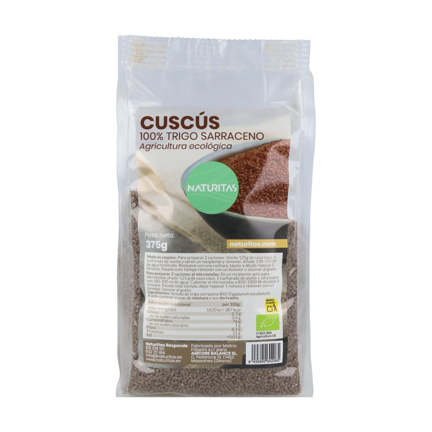 Cuscús de trigo sarraceno BIO | 375 g | Naturitas Essentials | Cous cous de trigo sarraceno Bio | Sin gluten textura ligera | Semola De Trigo