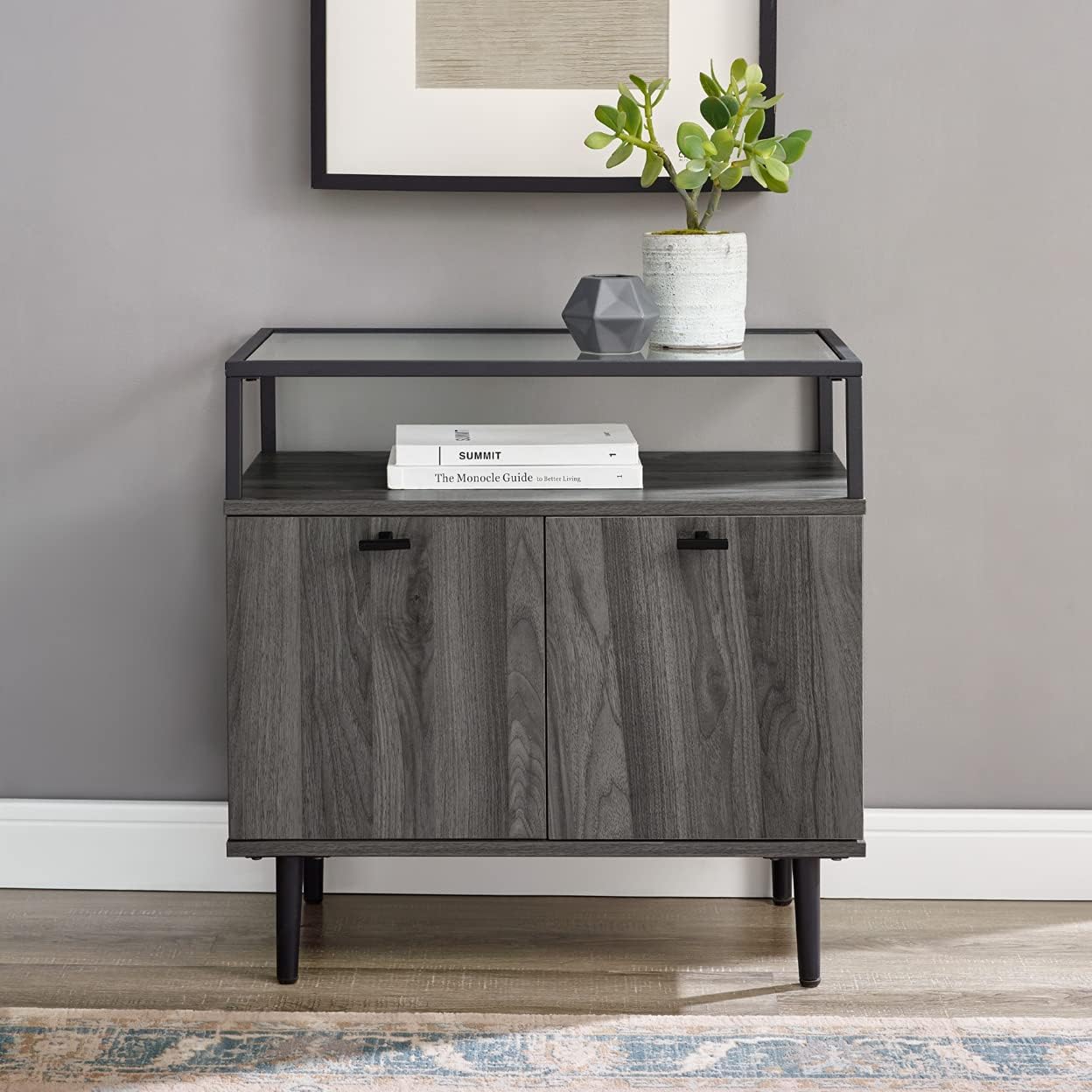 Walker Edison Modern Glass and Wood End Side Table Living Room Storage Small End Table, 2 Drawer, Slate Grey
