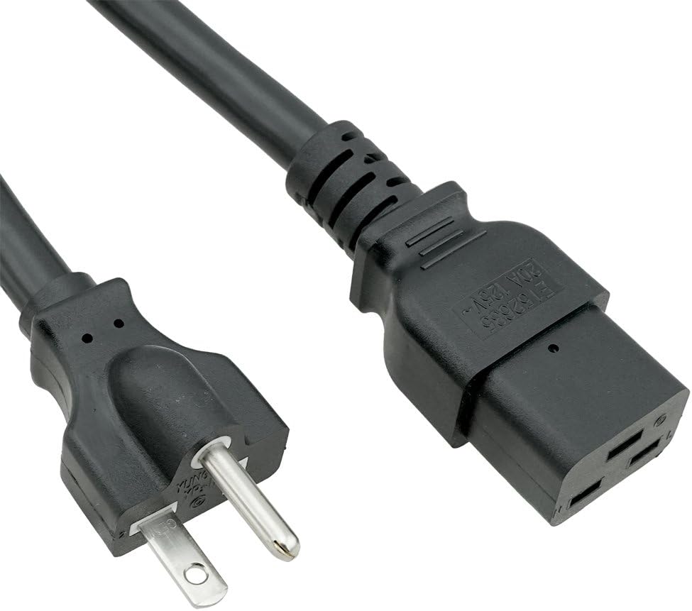ACP1033 NEMA 5-20P plug to IEC C19 SJT 6 foot 20A 125V power cord with UL certification. NOTE: This is a NEMA 5-20 plug with a prong turned 90 degrees. It will only fit into a T-slot NEMA 5-15 outlet.