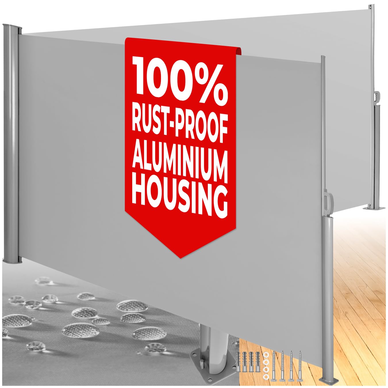 tectake® Double-Sided & Retractable Side Awning in Lightweight, Rust-free Aluminium with UV-Protection & Water-Repellent Fabric - 180x600cm Garden Privacy Screen for Garden, Balcony & Patio - Grey