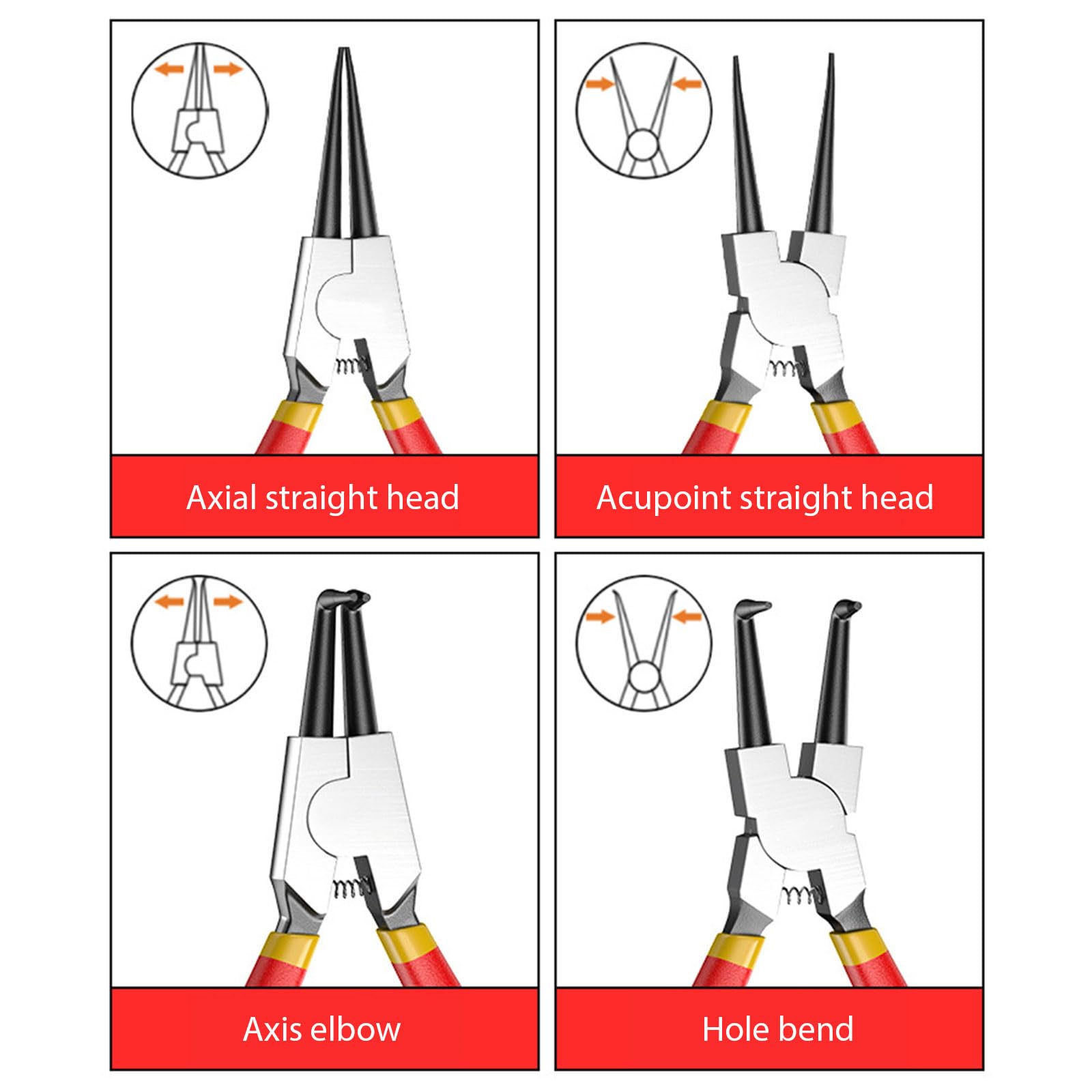 Juego de 4 alicates de anillos de presión, alicates de clip interno/externo, resistentes para quitar anillos, retención recta, alicates de bloqueo doblados