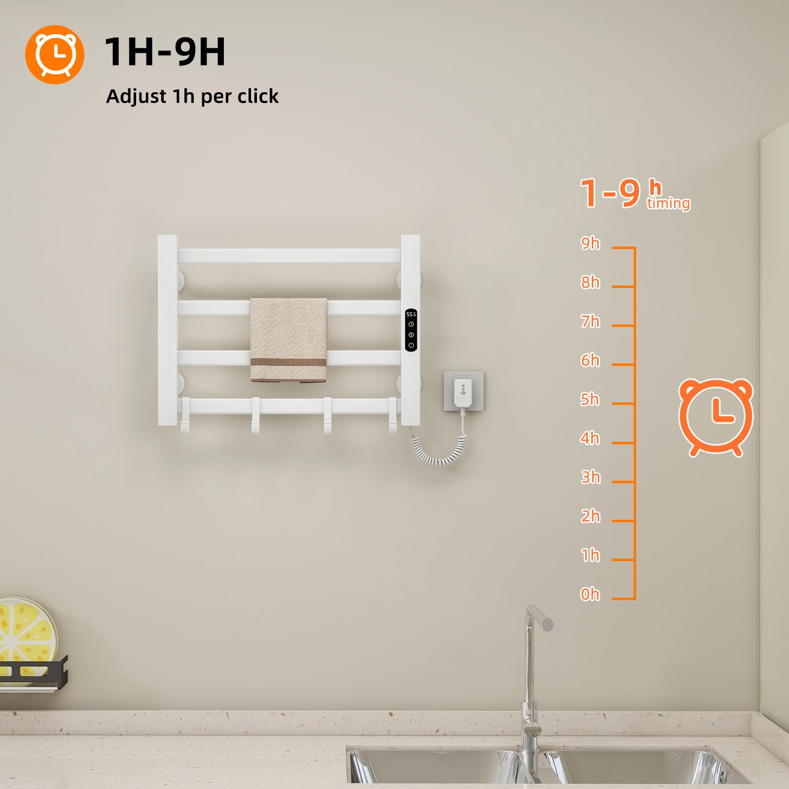 Portasciugamani Elettrico 550x350mm Scaldasalviette Radiatore da Bagno Elettrico Portasciugamani intelligente, IP24 Impermeabile, Temperatura regolabile 30-70℃, Temporizzazione 1-9 ore-White Right