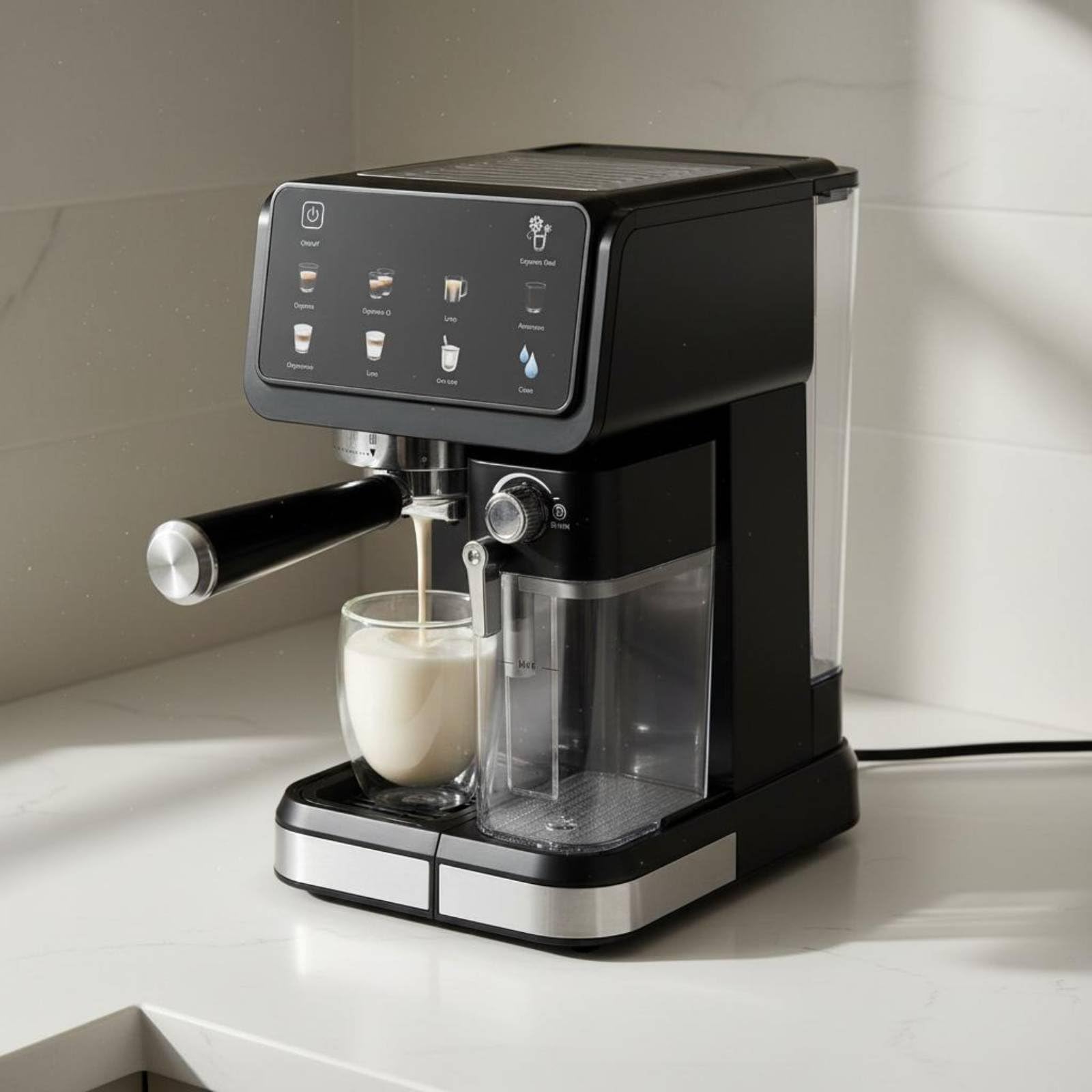 Machine à Espresso Automatique Cafetière Expresso Latte Cappuccino Mousseur à Lait Écran Pompe 20 Pré-infusion Température NTC Nettoyage, Noir