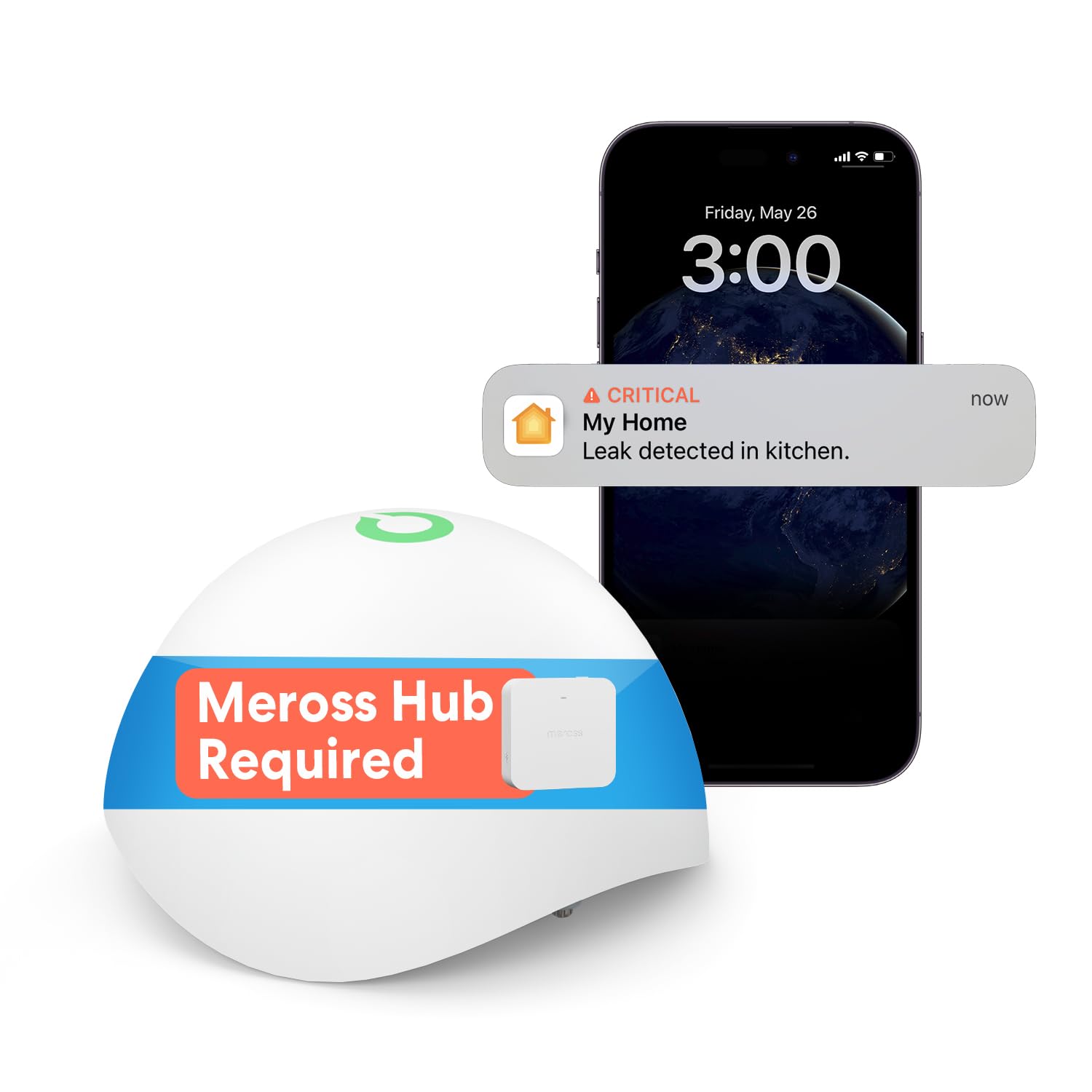 meross Smart Water Detector Hub Needed, Leak Detector with App Alert, Smart Water Alarm Replaceable Batteries, Interlinked, Apple HomeKit Supported, Wireless IP67 Flood Sensor