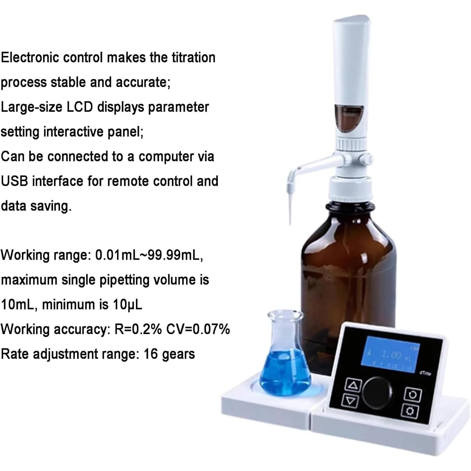 Elektronischer Flaschenspender, einstellbares Volumen 0,01-99,99 ml, Polypropylen-Bürette mit 16 Gangeinstellungen, ideal für Laborgebrauch