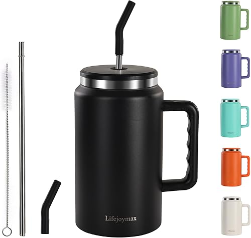 Lifejoymax Vaso de 50 oz con asa y tapa con pajilla, vaso aislado al vacío, de acero inoxidable, botella de agua, taza para café y viaje, a prueba