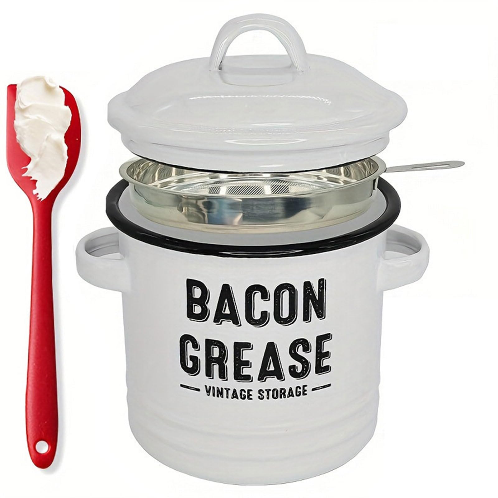 Qisuw Enameled Grease Storage Jar with Strainer and Silicone Spatula for Preserving Bacons Drippings Fat and Cooking Oil Keeper Fat Storage Keeper