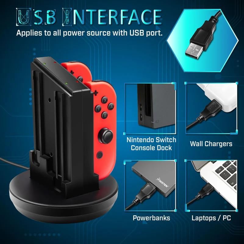 Quad Charging Station for Four Joy-Con Controllers, Charge up to 4 Joycons, Charging Dock for Switch and OLED Gamepads With Indicator Light, Charge Base