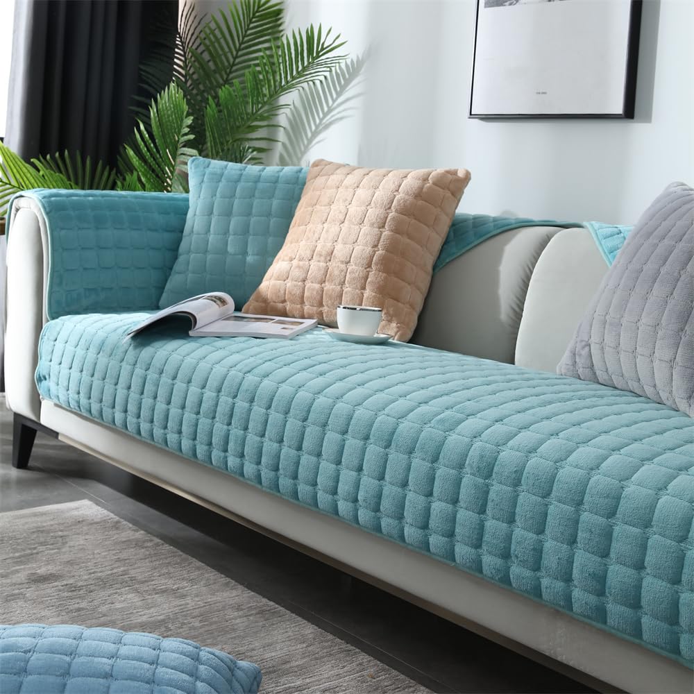 QIAQ Soft Velvet Sofa Covers Washable - Universal Non-Slip Sofa Cushion Covers 1 2 3 4 Seater Couch Covers for Sectional Sofa (110x180 cm,Light green)