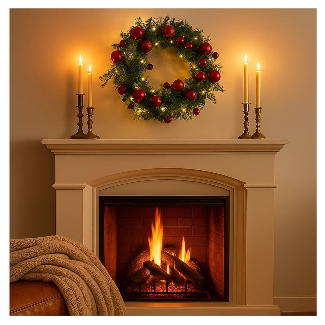 Trendi Green 40Cm Pre-Lit Christmas Wreath With Led Lights – Artificial Xmas Door Wreath For Front Door, Wall & Home Décor – Holiday Garland With Red Baubles & Gold Leaves