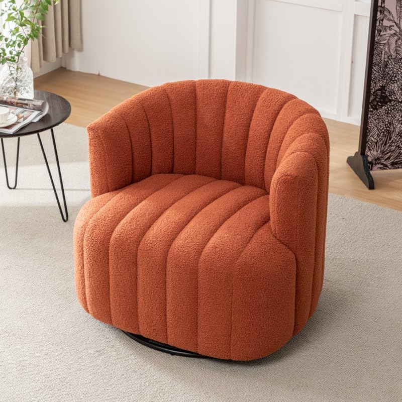 Upholstered Swivel Barrel Chair – Modern 360° Lounge Accent Chair with Cozy Barrel Design for Living Room, Bedroom & Office Boucle (Orange)-image-16