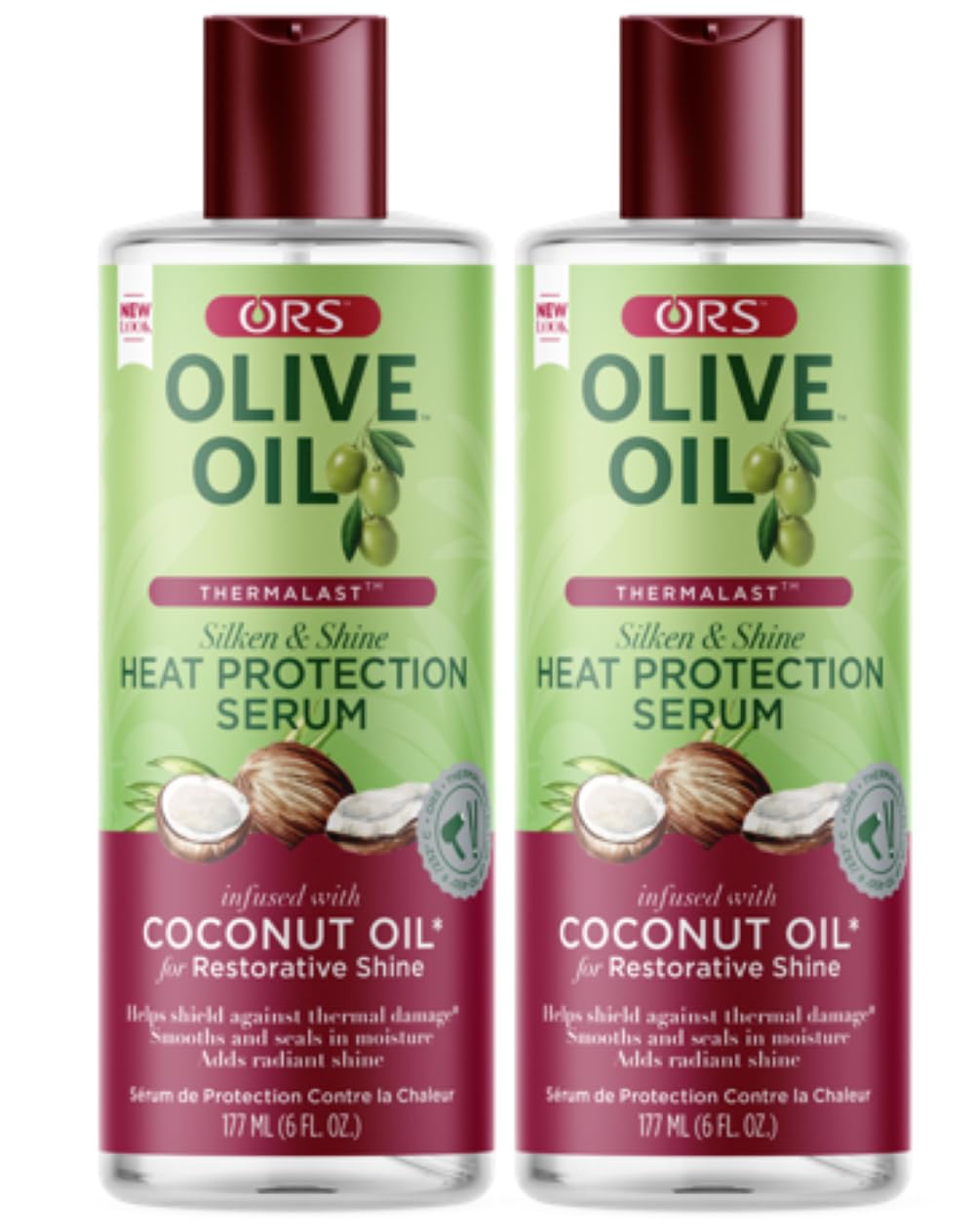 Olive Oil Heat Protection Hair Serum infused with Coconut Oil for Restorative Shine 6.0 Ounce (Pack of 2)