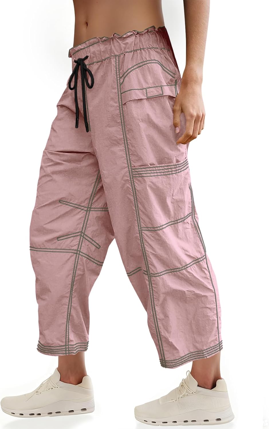 Fisoew Womens Wide Leg Cargo Pants Elastic Waist Water Resistant Contrast Stitch Loose Hiking Joggers with Pockets