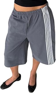 Women Y2k Baggy Capri Sweatpants Striped Long Sweat Shorts with Pockets | Loose Fit, Straight Leg, Side Stripe, Track Capris, Going Out Cropped Pants, Casual Workout Streetwear