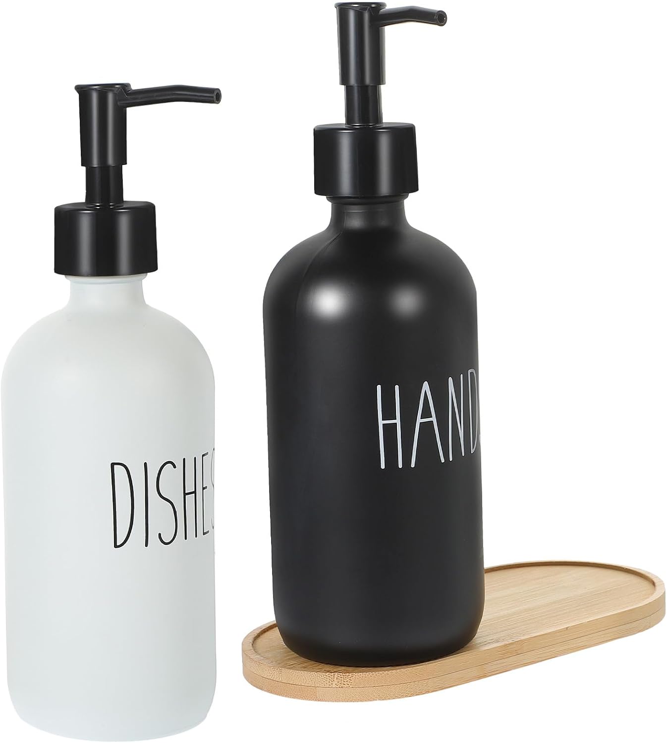 Glass Soap Dispenser Set 500ml with Tray, Classic-Style Pump Bottles for Hand and Dish Soap, Glass Lotion Bottles for Bathroom and Kitchen Countertop Use