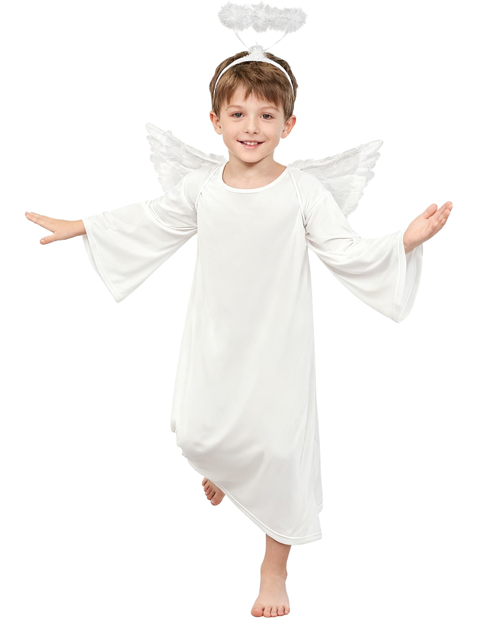Toulite Engelskostüm für Damen, inklusive Engelskleid, Stirnband, Flügel, Krippenkostüm für Halloween, Erwachsene, Kinder, Mädchen, Jungen, 3 Stück