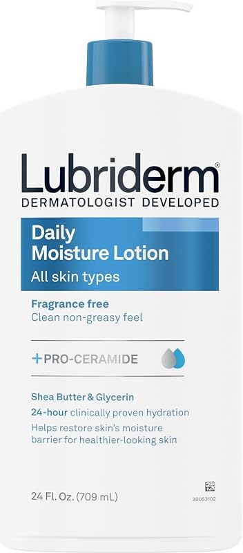 Lubriderm Fragrance Free Daily Moisture Lotion + Pro-Ceramide Shea Butter & Glycerin Face Hand & Body Lotion for Sensitive Skin Hydrating 24 Hour Moisturizer Healthier-Looking Skin 24 fl.Oz Pack of 3