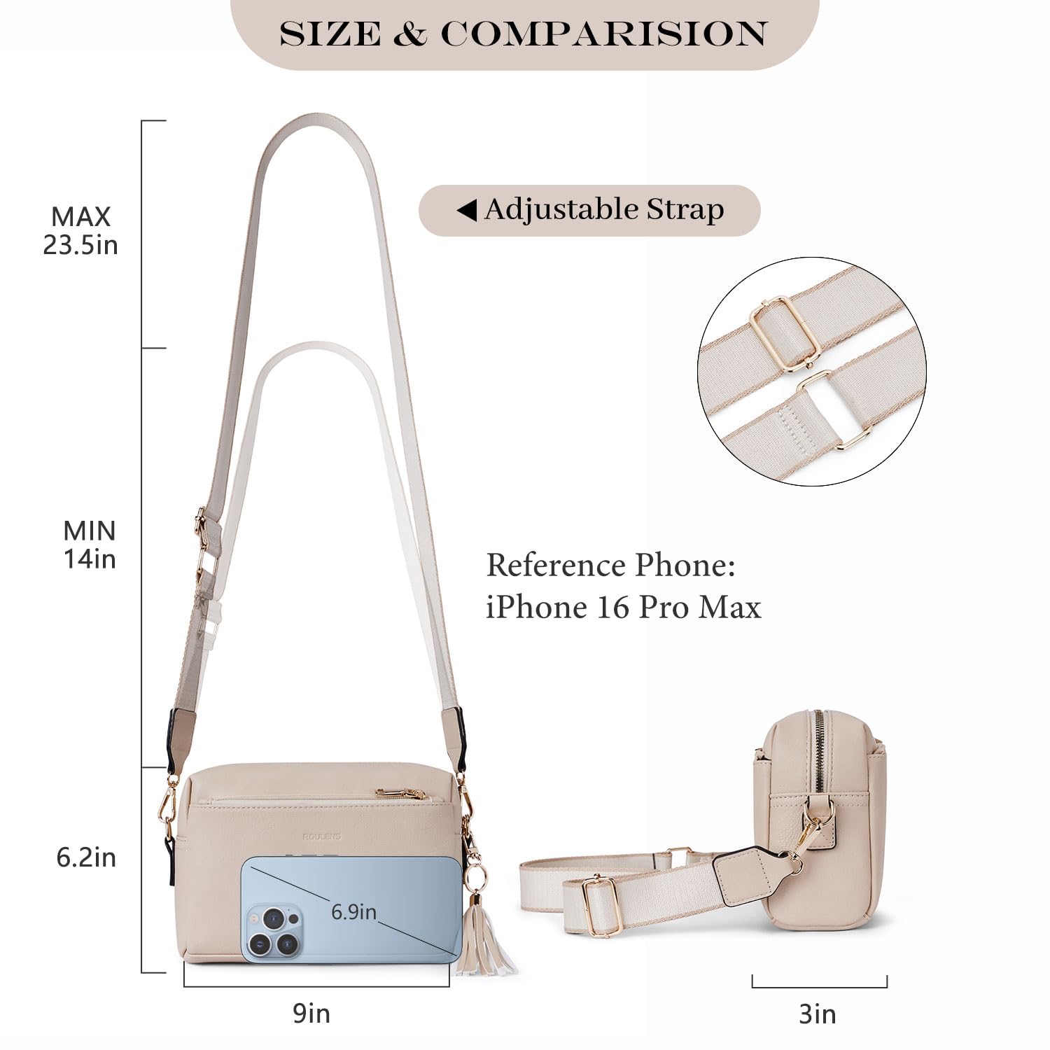 Roulens Piccola Borsa a Tracolla Donna con 3 Scomparti Capienti,Borsa Mano PU Pelle Messenger Crossbody Bag,Borsa a Spalla con Tracolla Ampia Regolabile e Rimovibile