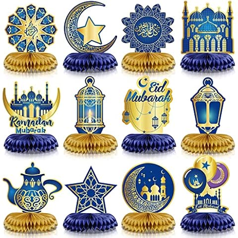 12 Stück Ramadan Mubarak Dekoration Eid Waben Mittelstücke Dekor Blau Golden Bienenwabe Mittelstücke Mond Stern Laterne Tisch Toppers Cover