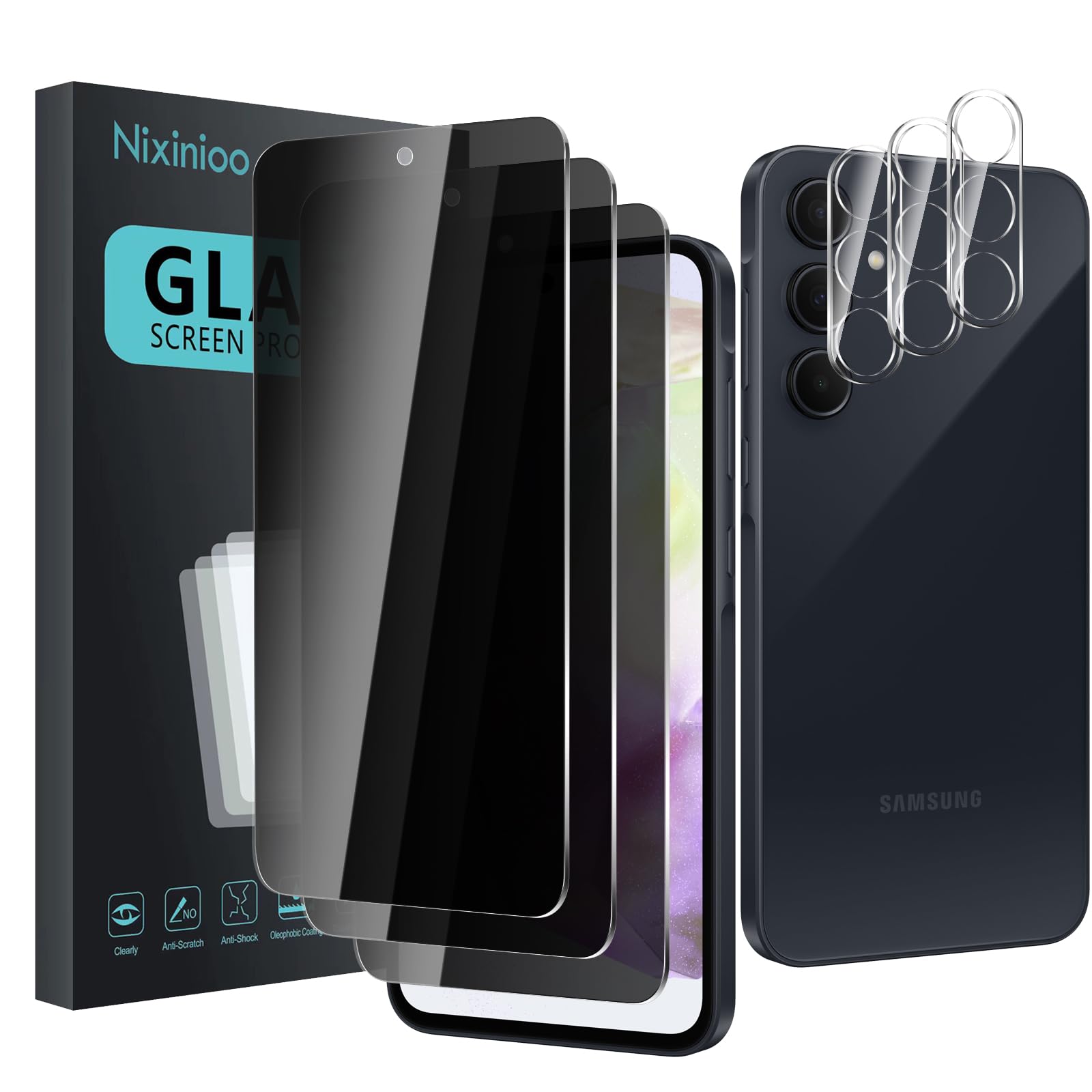 Nixinioo 3 Pack Privacy Screen Protector for Samsung Galaxy A35 5G With 3 Pack Camera Lens Protector, Anti Spy Tempered Glass, 9H Hardness, Black