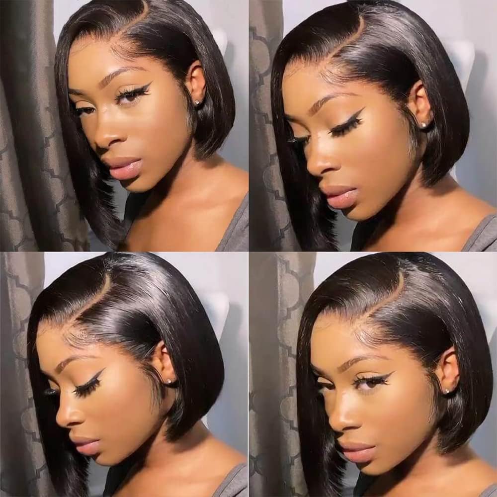 woojfcang Short Black Wigs for Women Black Bob Wig No Fringe,14 Inch Side Part Glueless Wig - Image 2