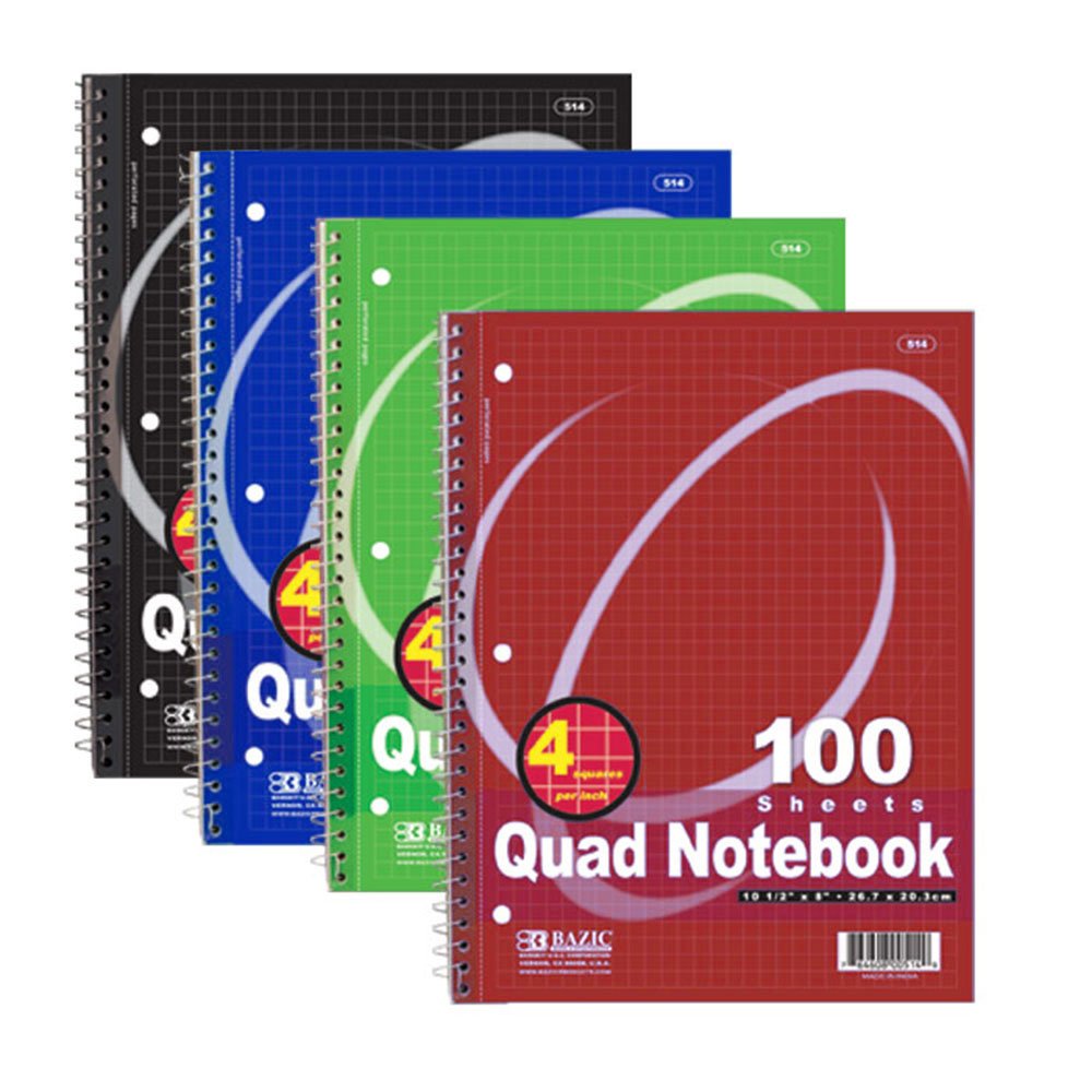 BAZIC QuadRuled Spiral Notebook 100 Count, Assorted colors (10 1/2 inches x 8 inches)