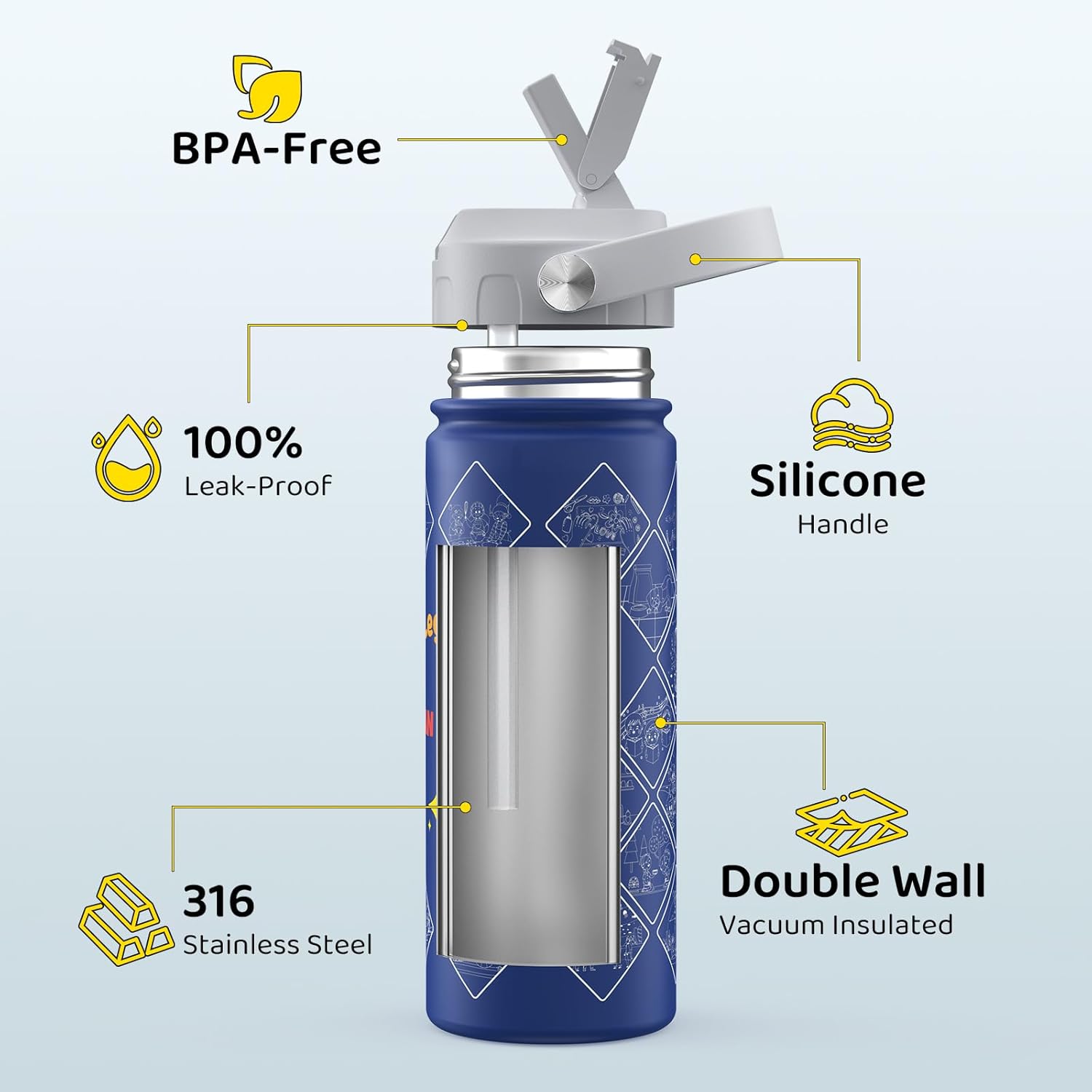 Kids Water Bottle with Stickers, 18oz Vacuum Double Insulated Cup with Straw, 316 Stainless Steel Bottles for School, Gift for Boy(2 Pack, Light Blue and Dark Blue) - Image 4